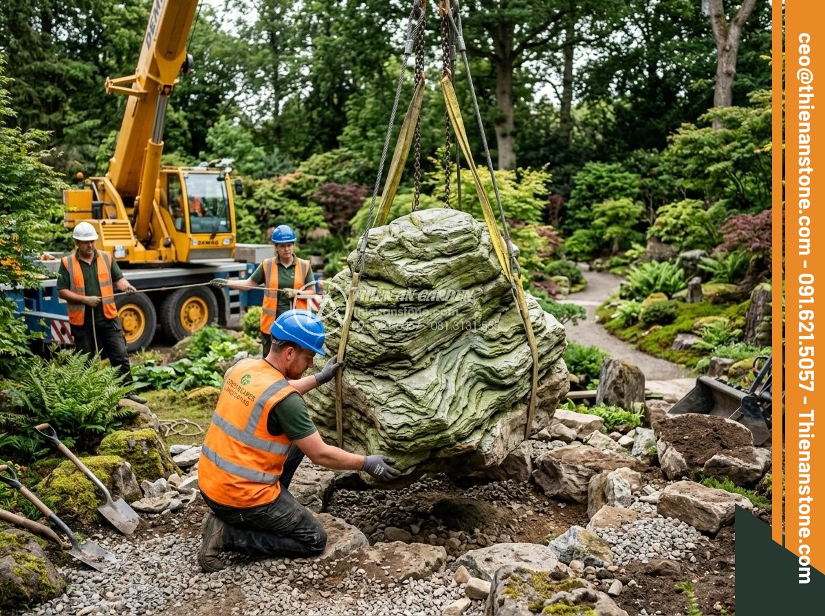Đôn Đá Tự Nhiên - Hình 32 Đôn Đá Tự Nhiên - Natural stone pedestal being carefully transported and placed in garden by profe