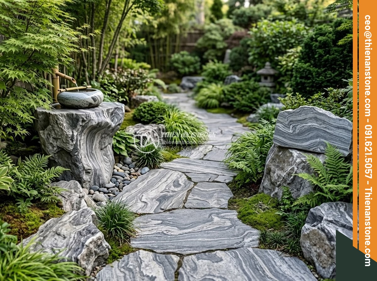 Đôn Đá Tự Nhiên - Hình 35 Đôn Đá Tự Nhiên - Harmonious garden design with matching natural stone pedestal, stone sign, and s