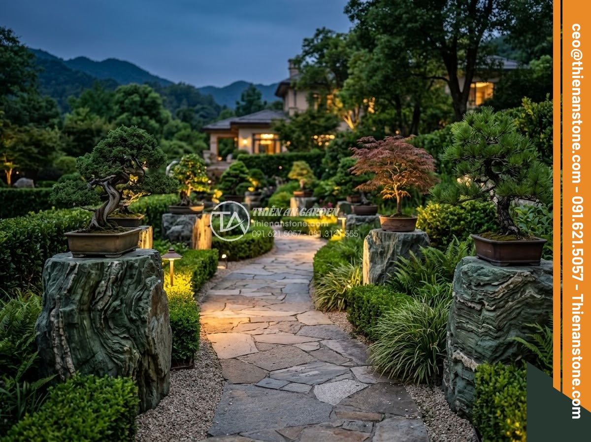 Đôn Đá Tự Nhiên - Hình 36 Đôn Đá Tự Nhiên - Luxury villa garden pathway lined with natural stone pedestals displaying variou