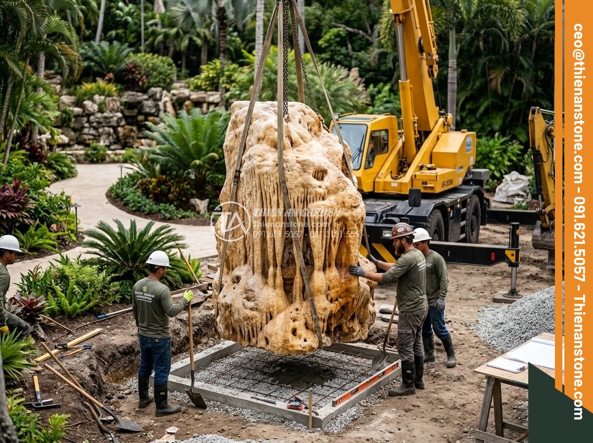 Đôn Đá Tự Nhiên - Hình 38 Đôn Đá Tự Nhiên - Professional landscape team installing large natural stone pedestal in resort ga