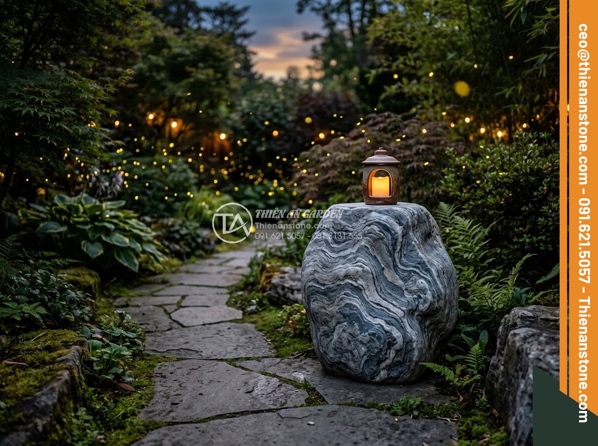 Đôn Đá Tự Nhiên - Hình 39 Đôn Đá Tự Nhiên - Poetic evening garden scene with natural stone pedestal, warm garden lights, fir