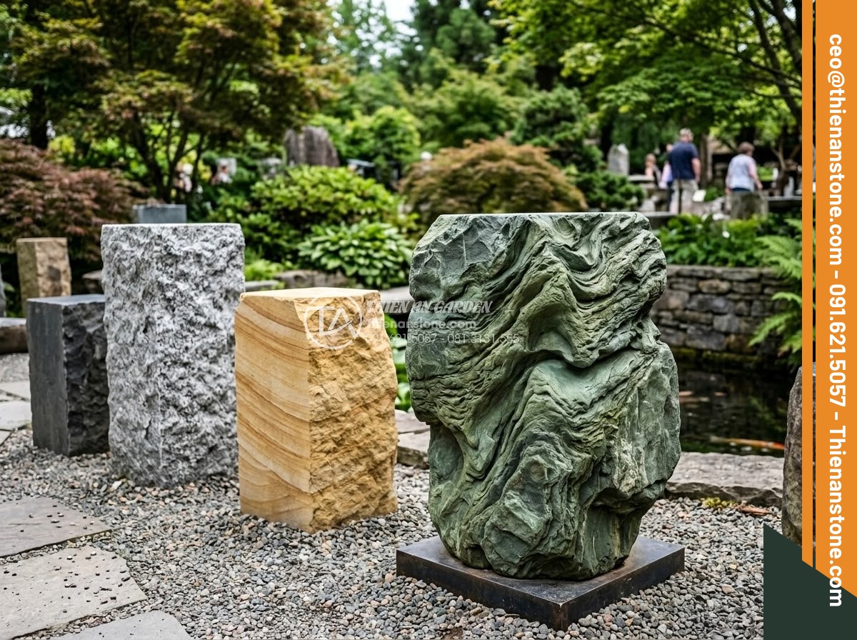 Đôn Đá Tự Nhiên - Hình 4 Đôn Đá Tự Nhiên - Multiple natural stone pedestals in different colors and textures displayed in o