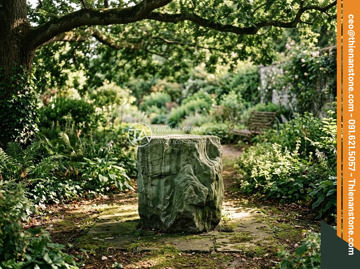 Đôn Đá Tự Nhiên - Hình 40 Đôn Đá Tự Nhiên - Natural stone pedestal in mature garden, old tree canopy above, dappled sunlight