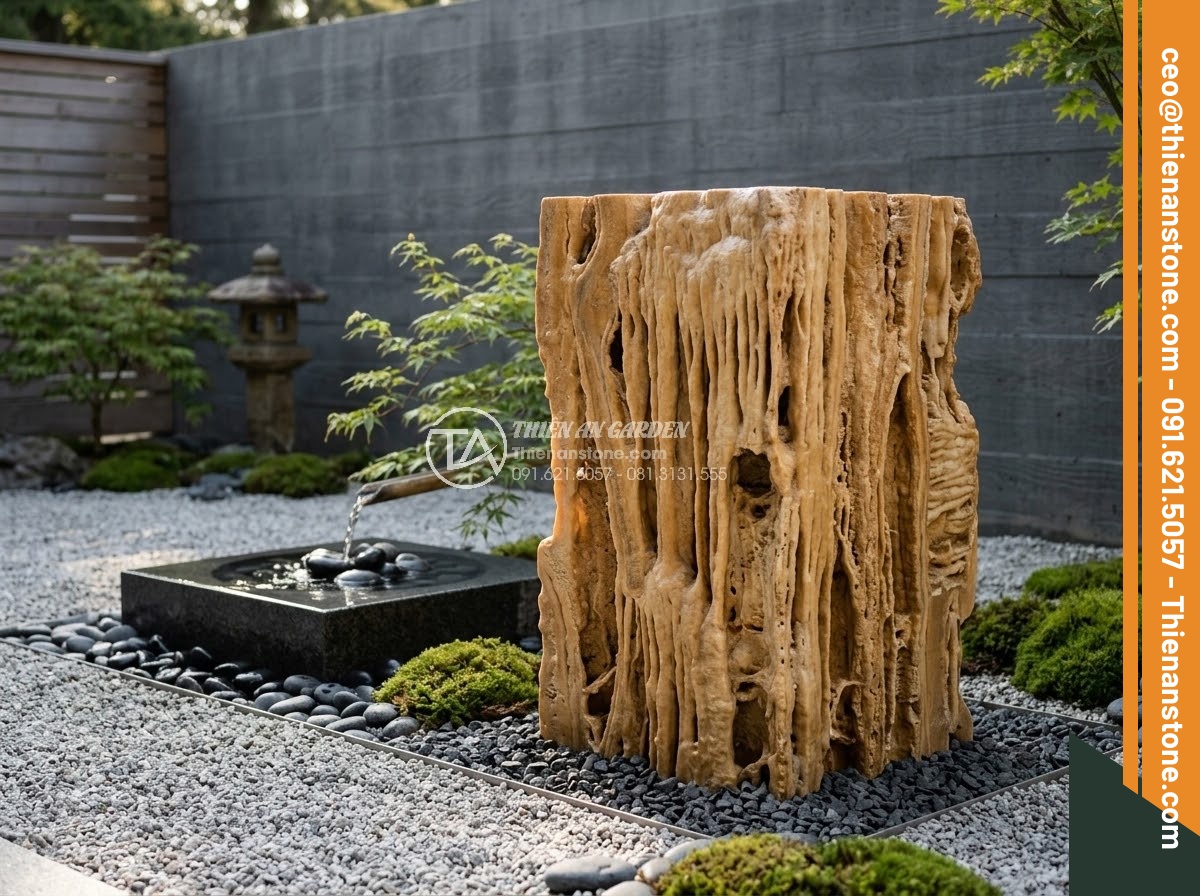 Đôn Đá Tự Nhiên - Hình 6 Đôn Đá Tự Nhiên - Brushed finish natural stone pedestal in a modern zen garden, soft morning light