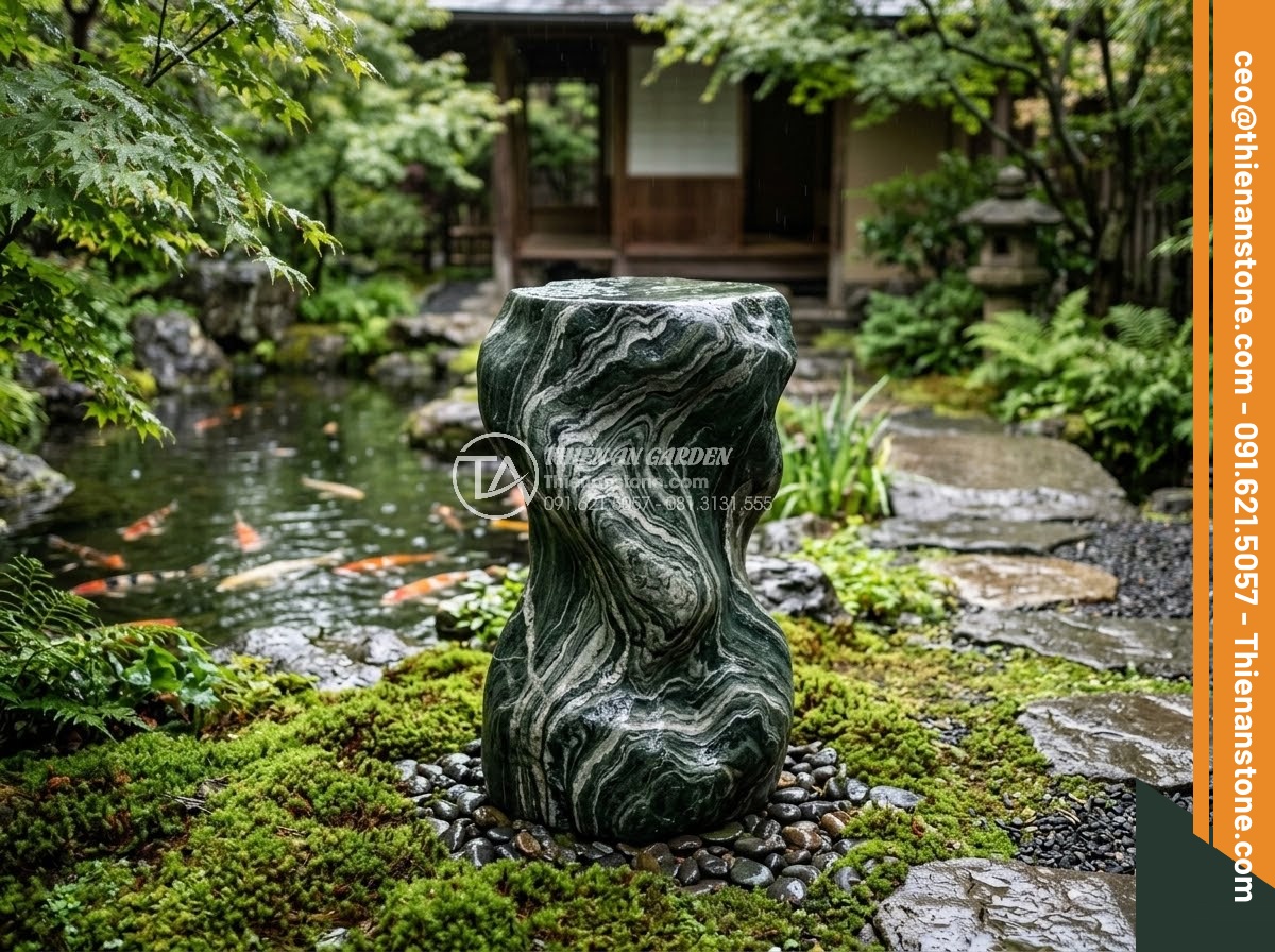 Đôn Đá Tự Nhiên - Hình 7 Đôn Đá Tự Nhiên - Dark green natural stone pedestal in a Japanese zen garden, wet surface after ra
