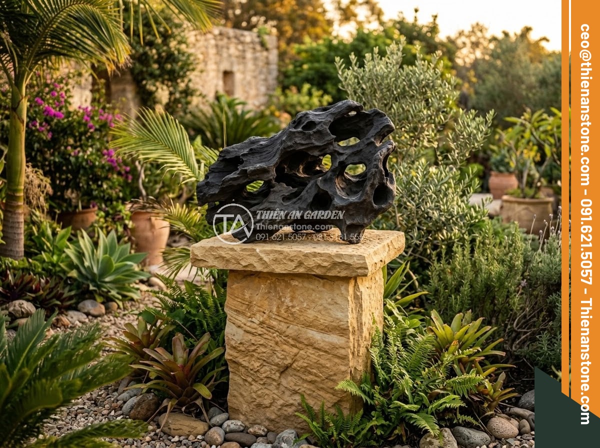 Đôn Đá Tự Nhiên - Hình 9 Đôn Đá Tự Nhiên - Yellow sandstone natural stone pedestal in tropical garden, warm golden hour lig
