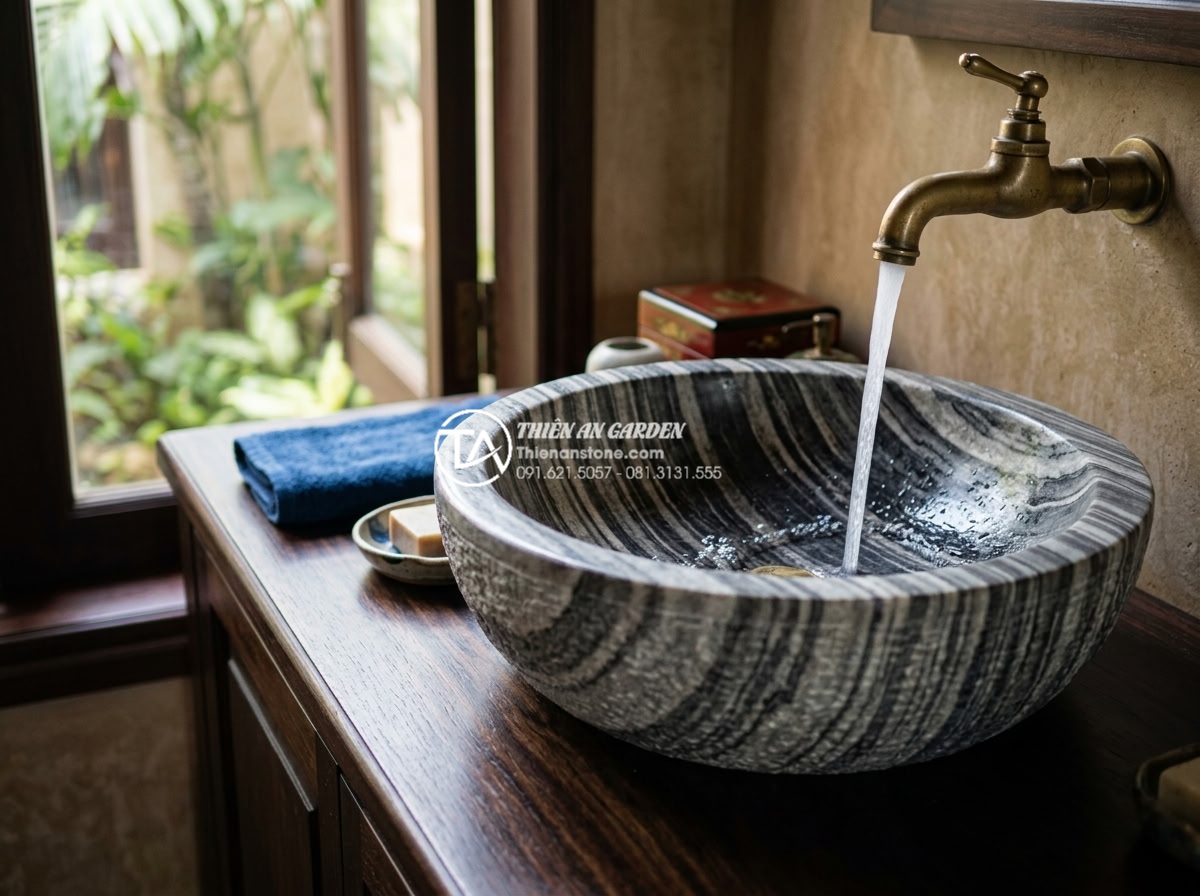 Lavabo Đá Tự Nhiên - Ultra realistic close-up of natural stone lavabo basin on dark wooden vanity cou