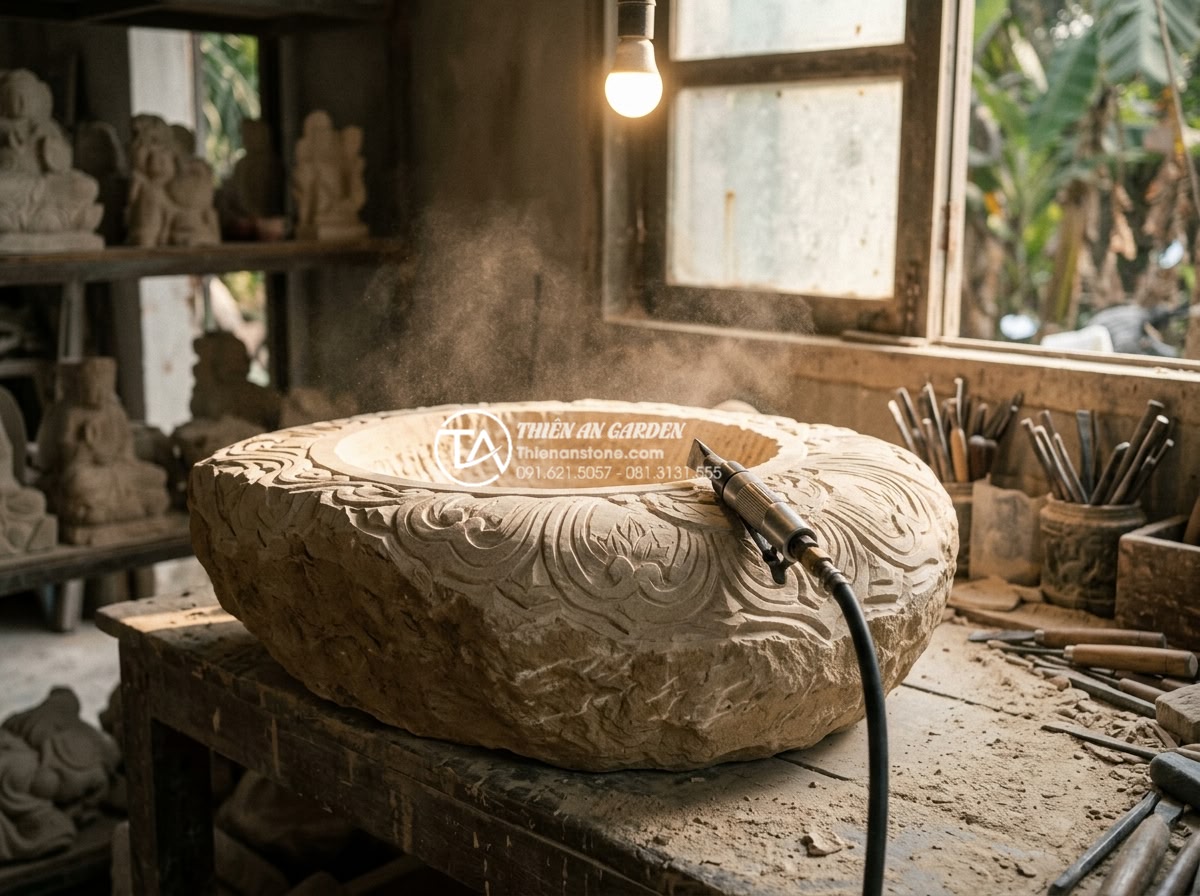 Lavabo Đá Tự Nhiên - Stone craftsman using precision tools to carve and hollow out natural stone lava