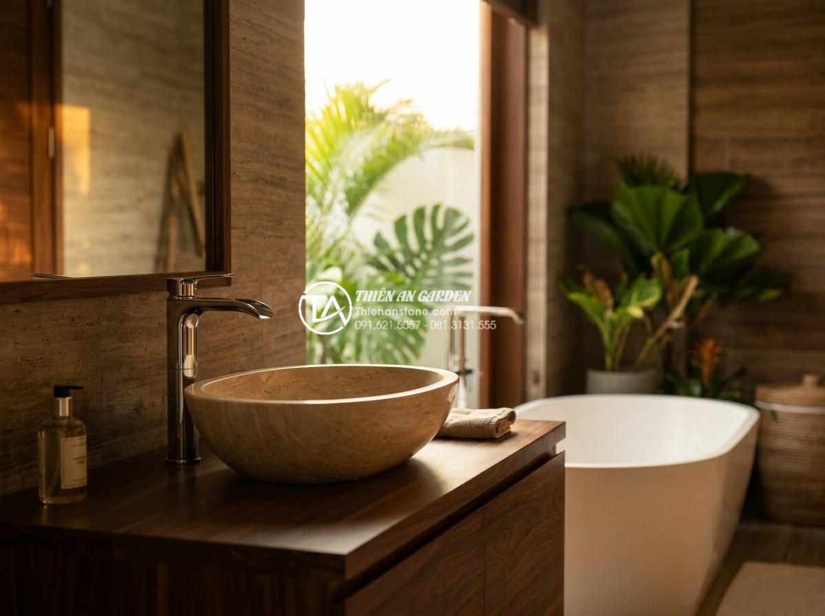 Lavabo Đá Tự Nhiên - Natural stone vessel sink lavabo on dark walnut vanity top, oval shaped polished