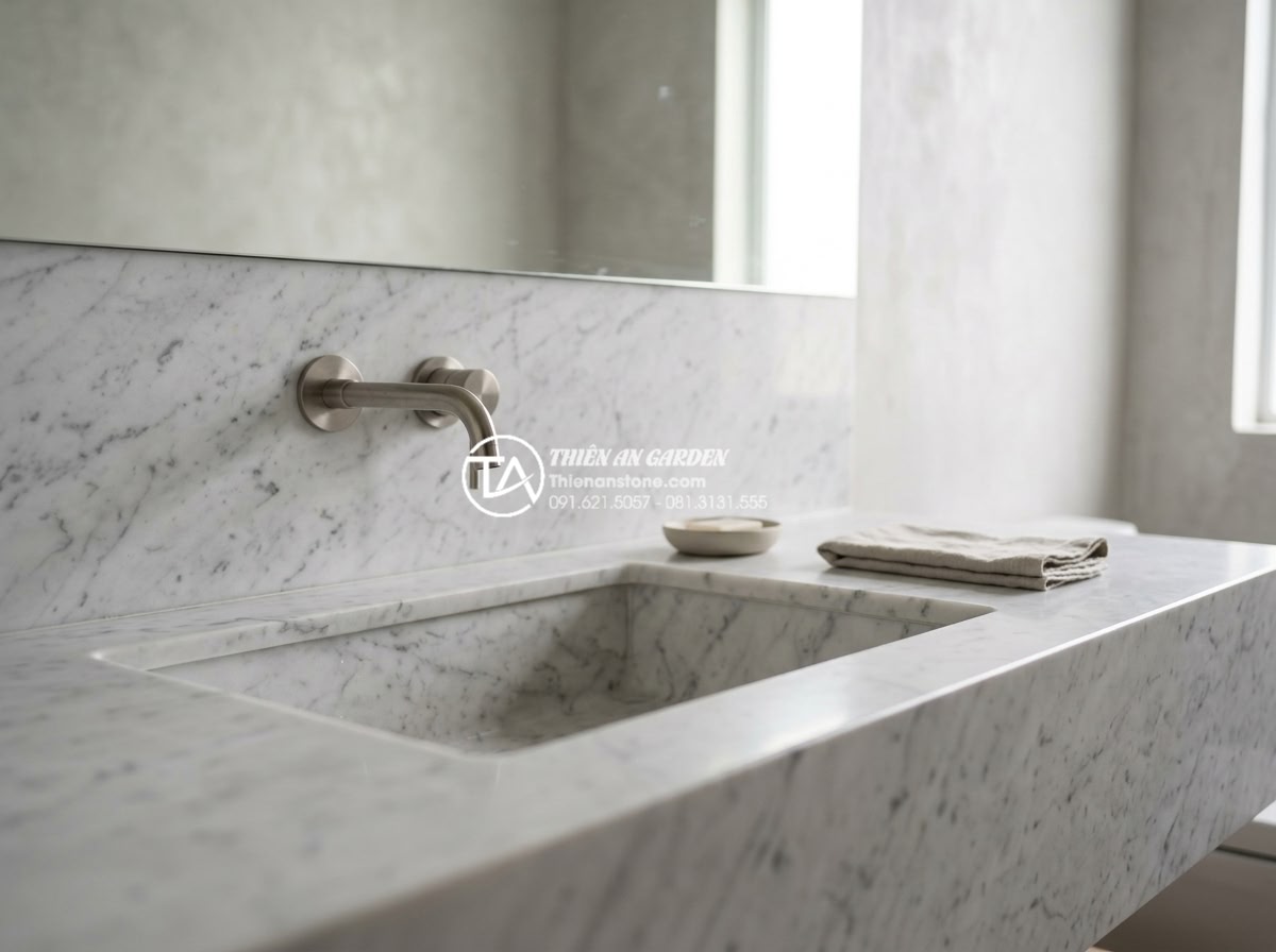 Lavabo Đá Tự Nhiên - Undermount natural stone lavabo seamlessly integrated into marble countertop, ma