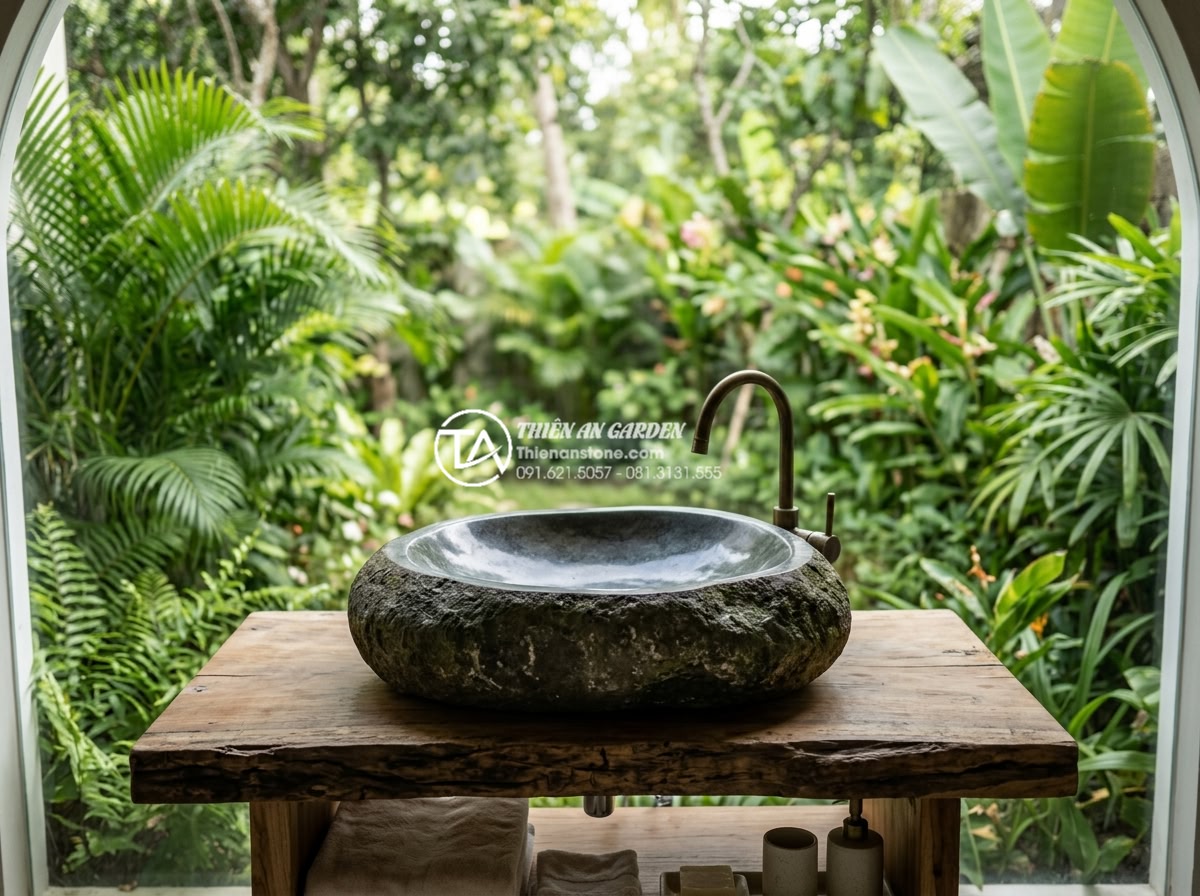 Lavabo Đá Tự Nhiên - Freeform natural stone lavabo basin made from large river boulder, rough exterio