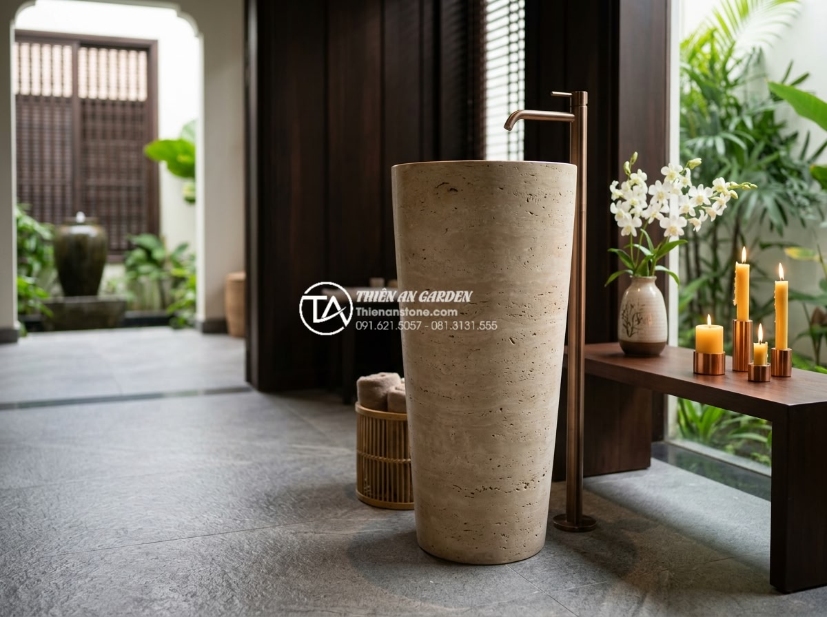 Lavabo Đá Tự Nhiên - Pedestal natural stone lavabo standing alone in spacious luxury spa bathroom, ca