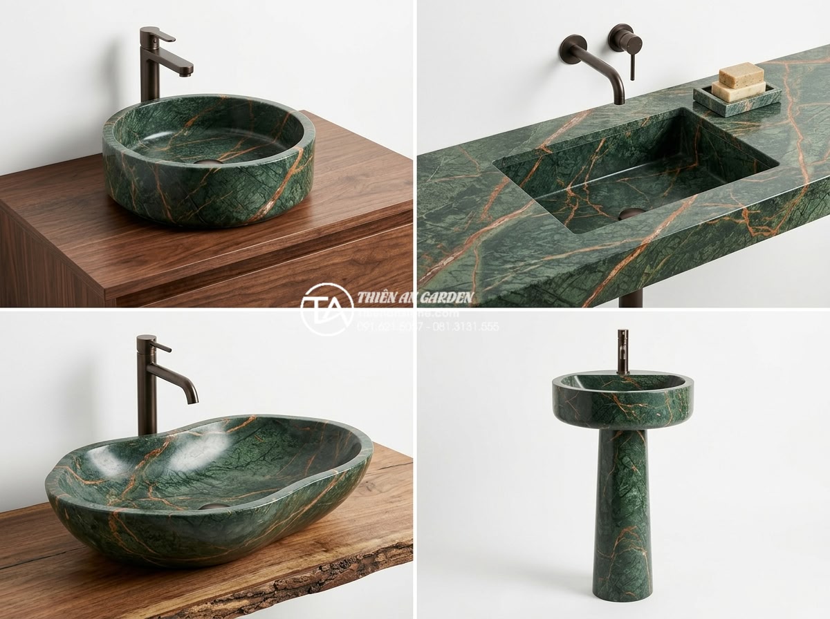 Lavabo Đá Tự Nhiên - Four different lavabo styles comparison layout, vessel sink, undermount, freefor