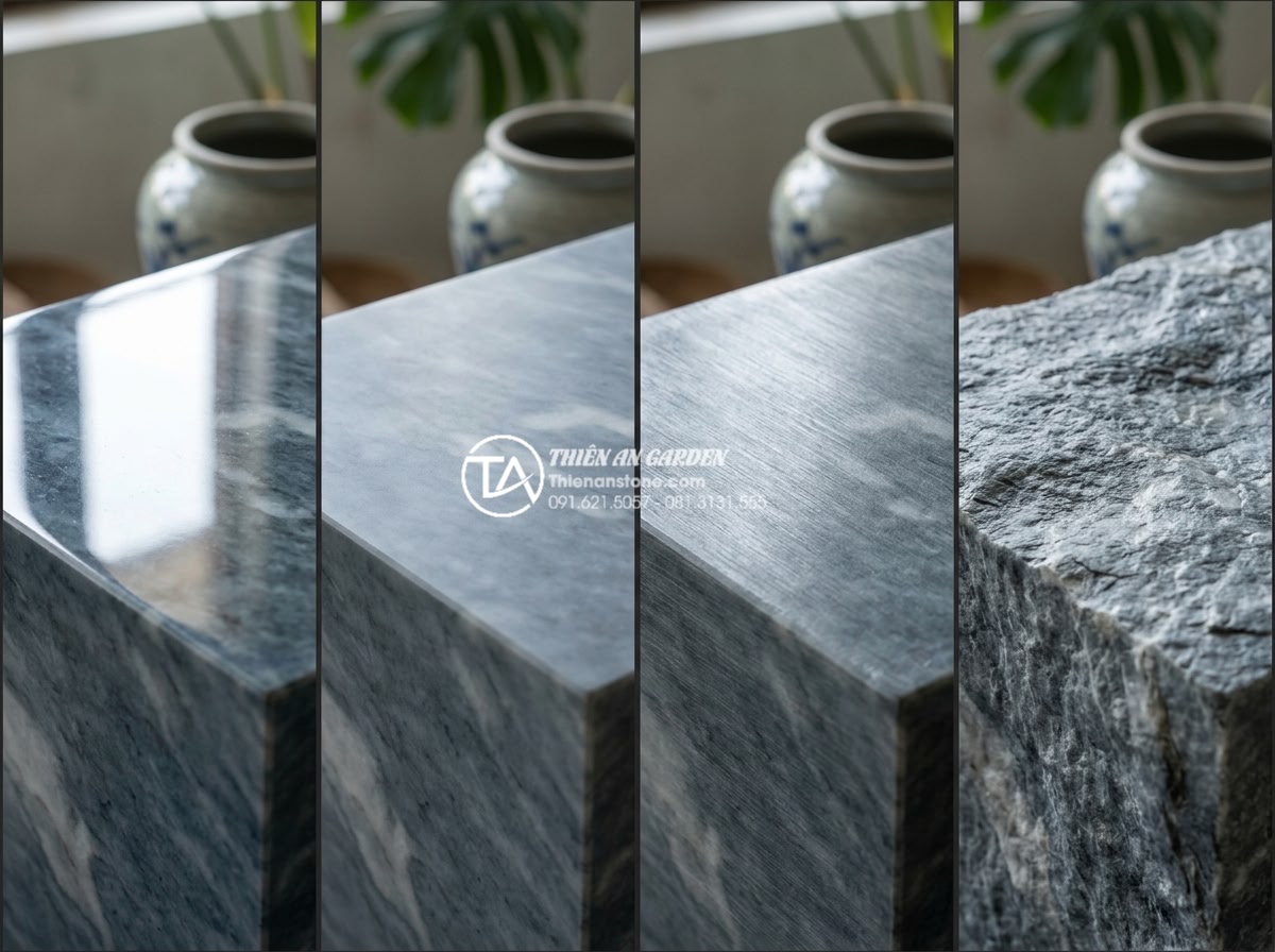 Lavabo Đá Tự Nhiên - Close-up detail comparison of natural stone surface finishes for lavabo, polishe