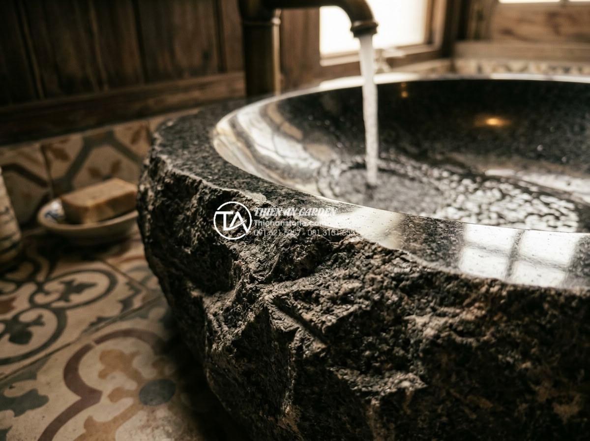 Lavabo Đá Tự Nhiên - Natural stone lavabo with dramatic contrast between rough chiseled exterior and 