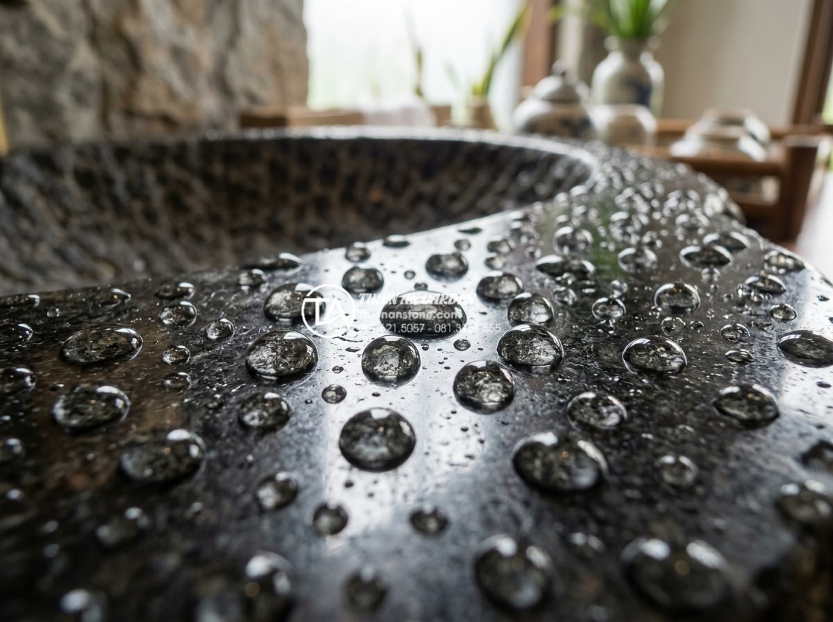 Lavabo Đá Tự Nhiên - Water droplets beading on nano-coated natural stone lavabo surface, showing hydr