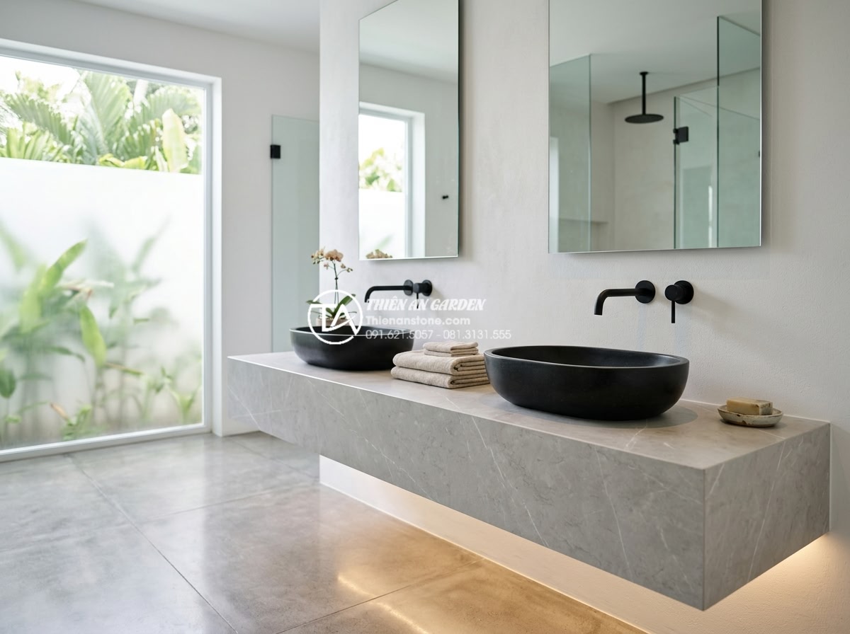 Lavabo Đá Tự Nhiên - Twin oval black granite vessel sink lavabos on grey sintered stone vanity in lux