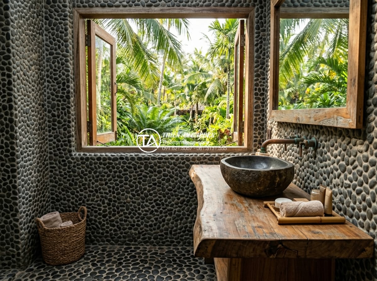 Lavabo Đá Tự Nhiên - River stone natural lavabo in tropical resort bungalow bathroom, semi-outdoor se