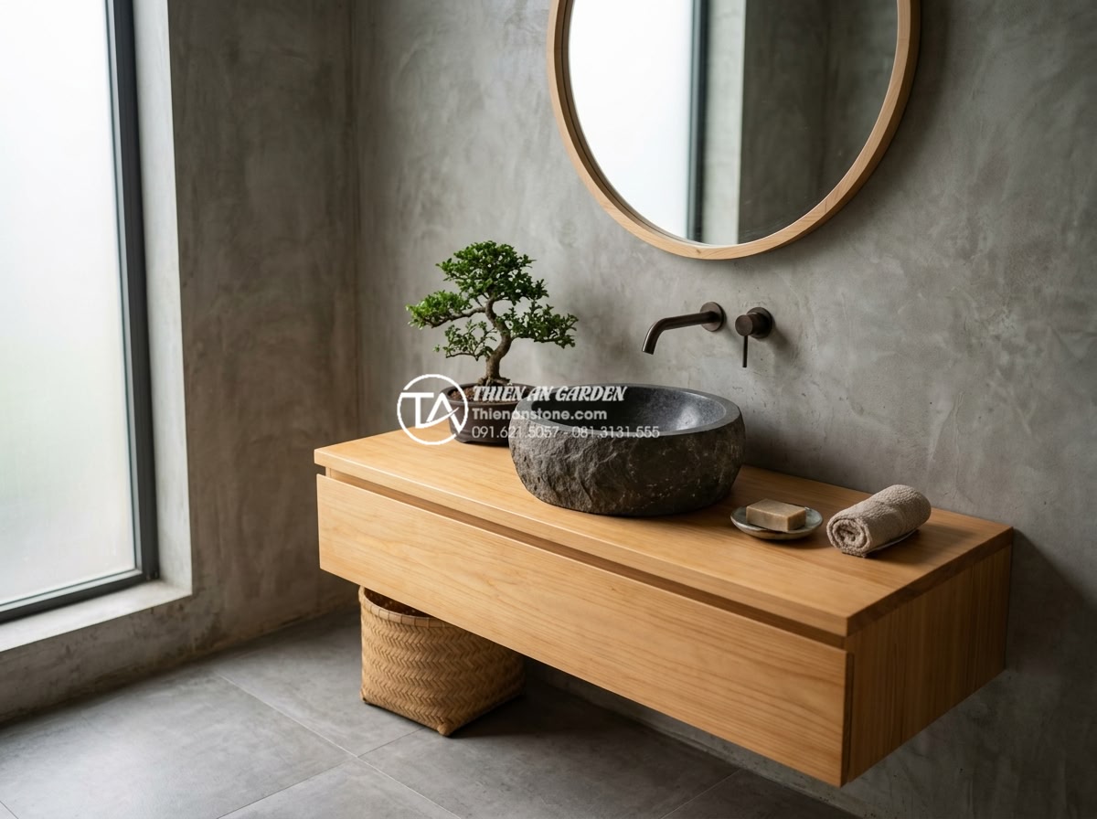 Lavabo Đá Tự Nhiên - Japanese Zen style bathroom with round dark basalt stone lavabo on hinoki wood v