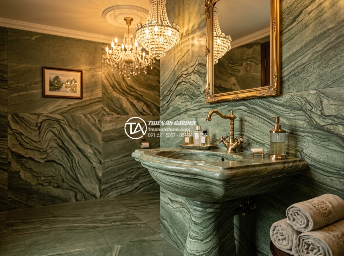 Lavabo Đá Tự Nhiên - Classical European style bathroom with white Calacatta marble pedestal lavabo, b
