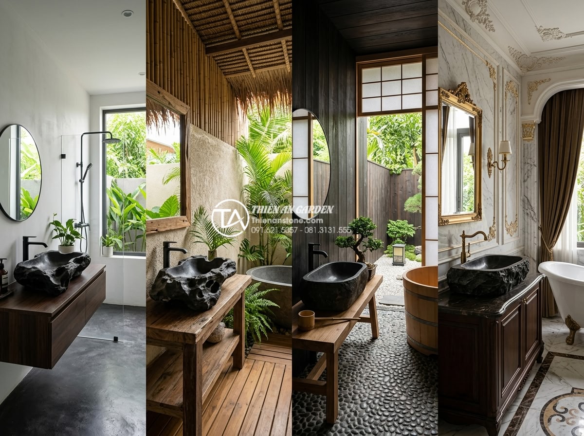Lavabo Đá Tự Nhiên - Panoramic view of four different bathroom styles with natural stone lavabos, mod