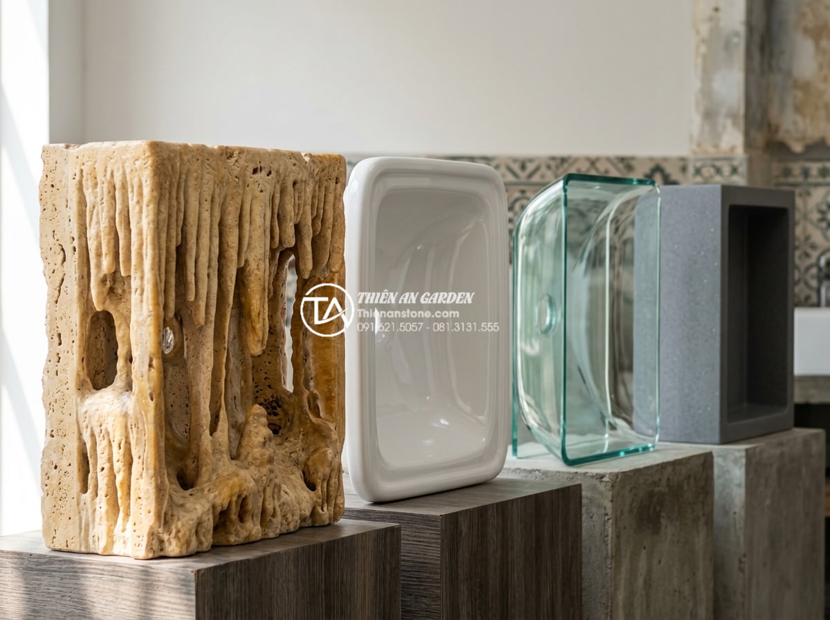 Lavabo Đá Tự Nhiên - Comparison display of lavabo materials, natural stone versus ceramic versus glas