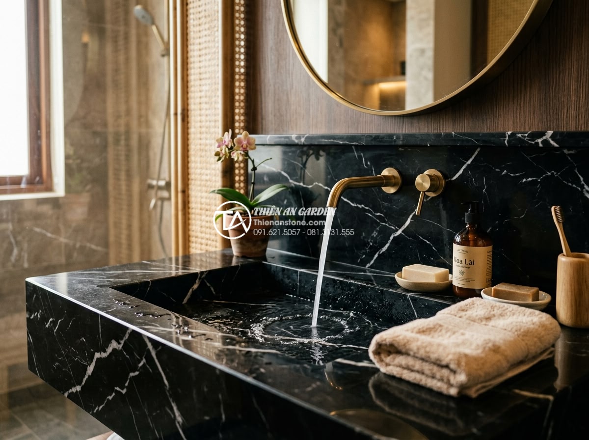 Lavabo Đá Tự Nhiên - Luxury bathroom with natural stone lavabo, showing water flowing smoothly into p