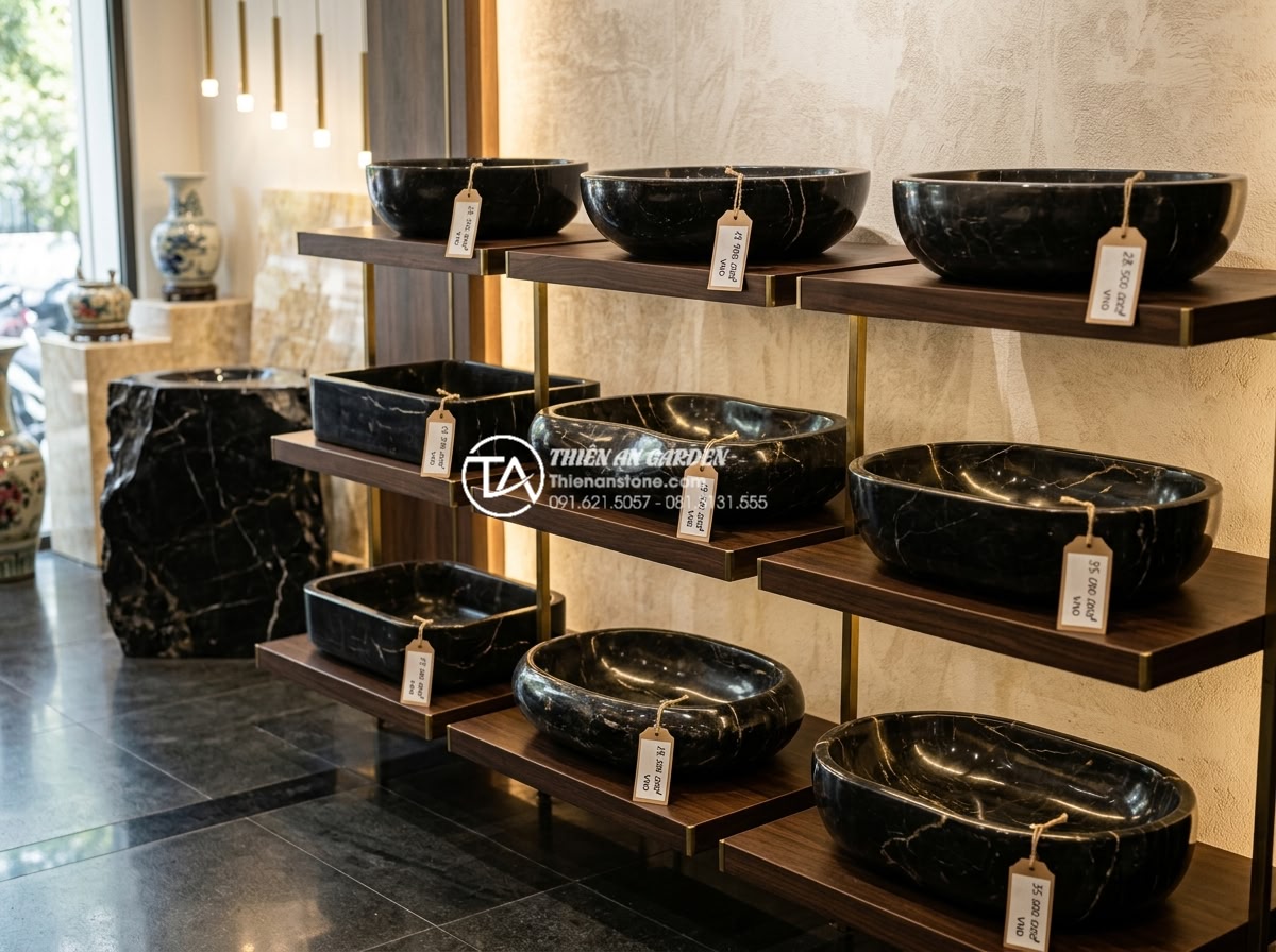 Lavabo Đá Tự Nhiên - Display of premium natural stone lavabo collection in elegant showroom, various 