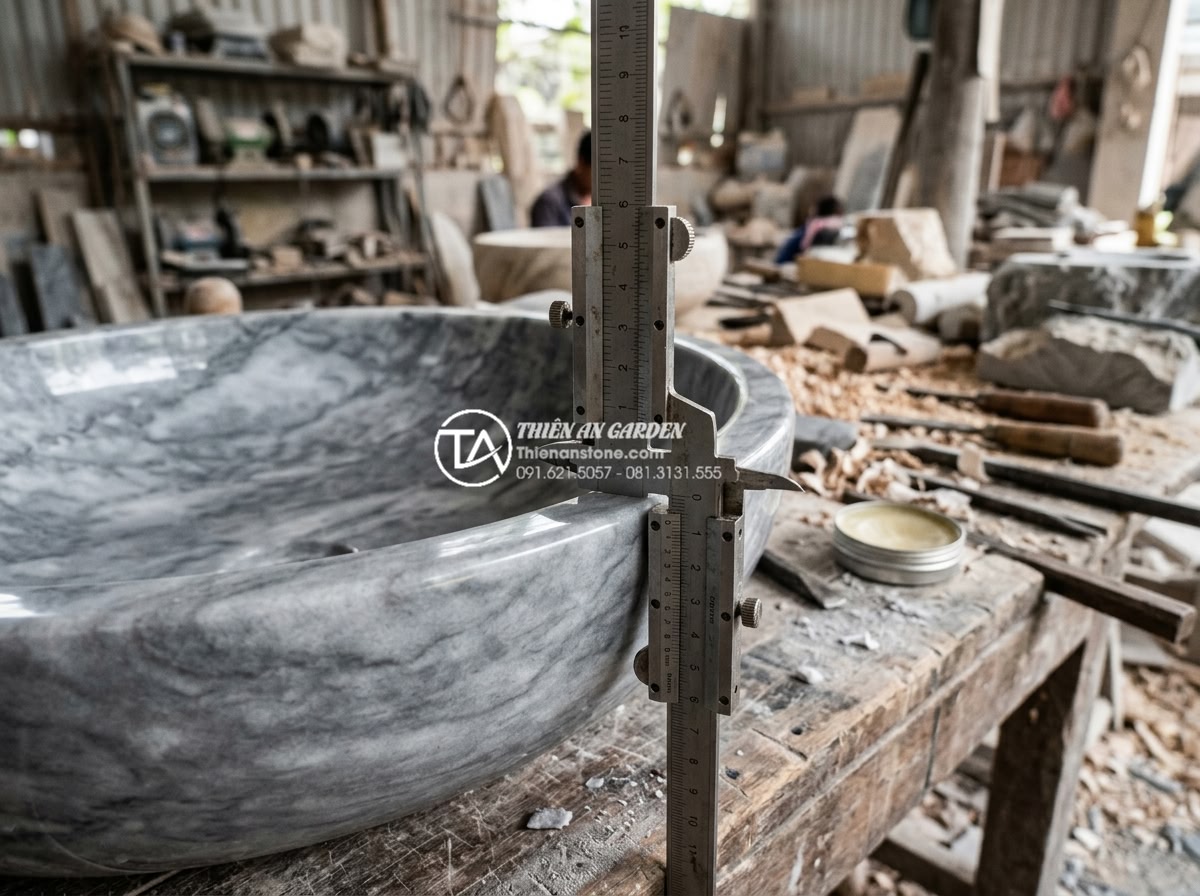 Lavabo Đá Tự Nhiên - Close-up of craftsman measuring and inspecting finished natural stone lavabo for