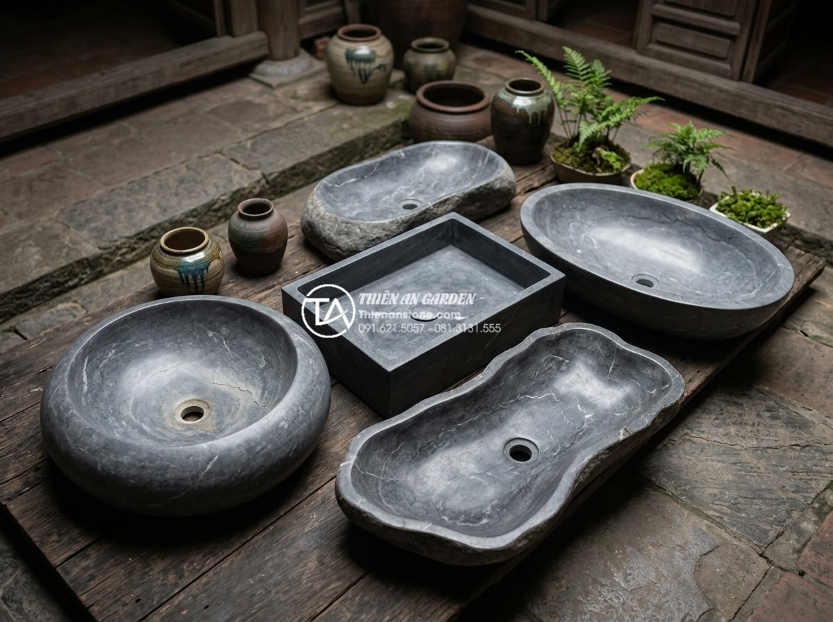 Lavabo Đá Tự Nhiên - Aerial view of various natural stone lavabo designs arranged artistically, inclu