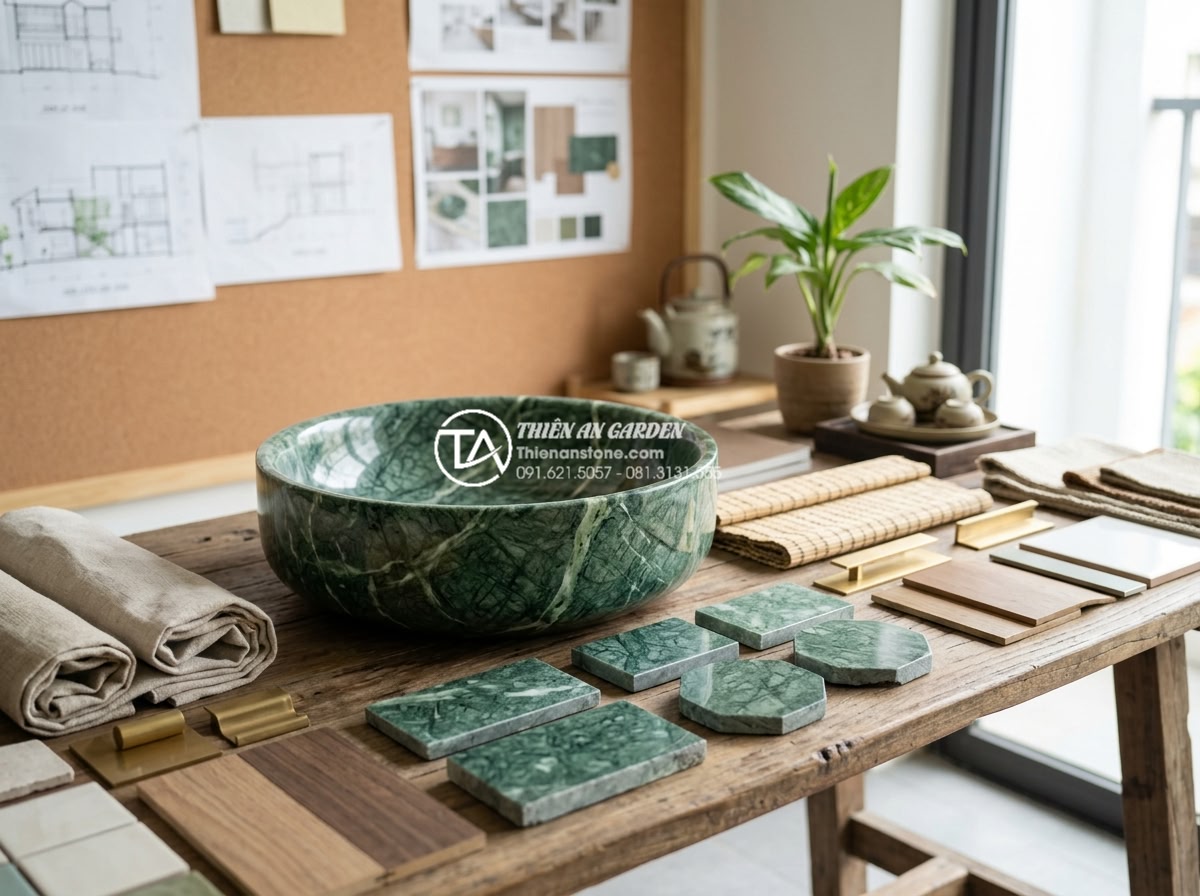 Lavabo Đá Tự Nhiên - Interior designer presenting natural stone lavabo options to client in bathroom 