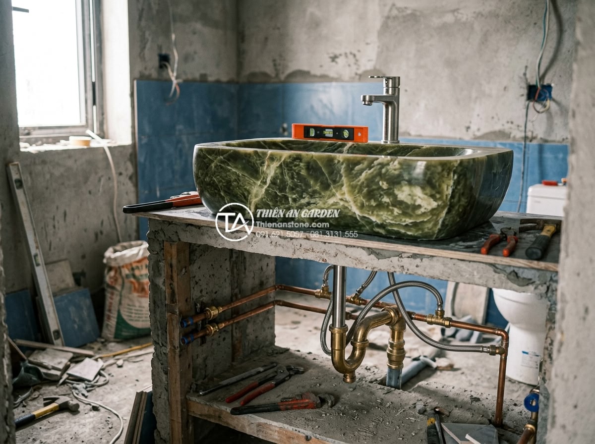 Lavabo Đá Tự Nhiên - Professional installation of heavy natural stone lavabo basin on reinforced vani