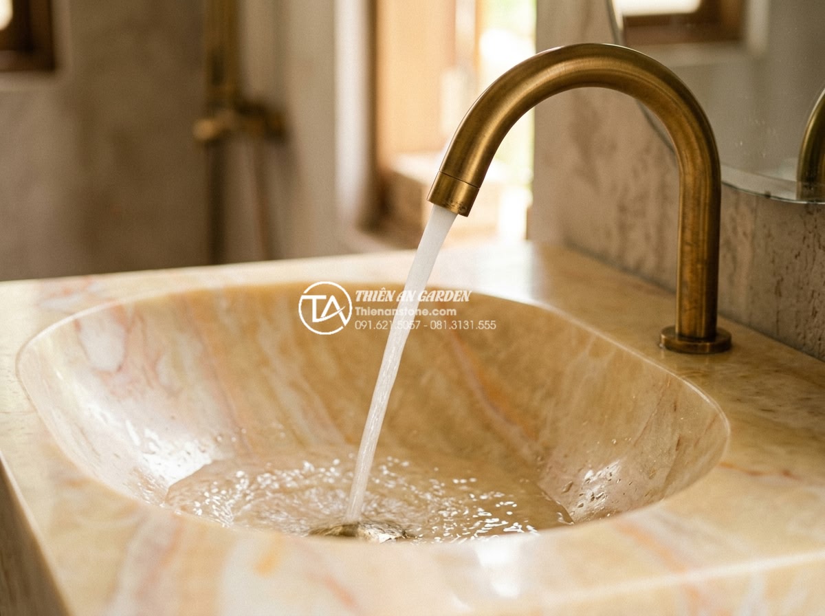 Lavabo Đá Tự Nhiên - Close-up of premium brass faucet paired with natural stone lavabo, water flowing