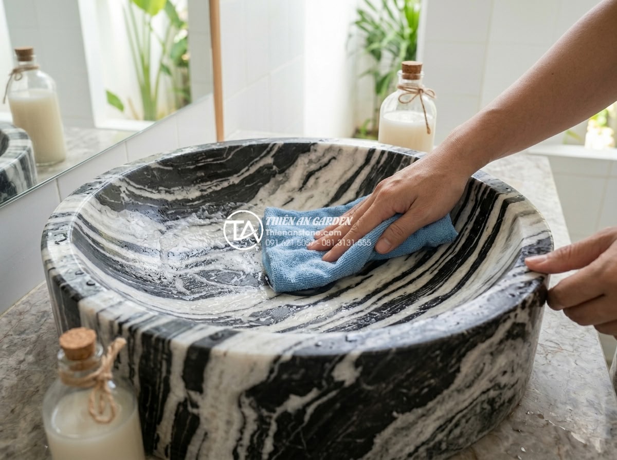 Lavabo Đá Tự Nhiên - Hands gently cleaning natural stone lavabo with soft microfiber cloth, mild soap
