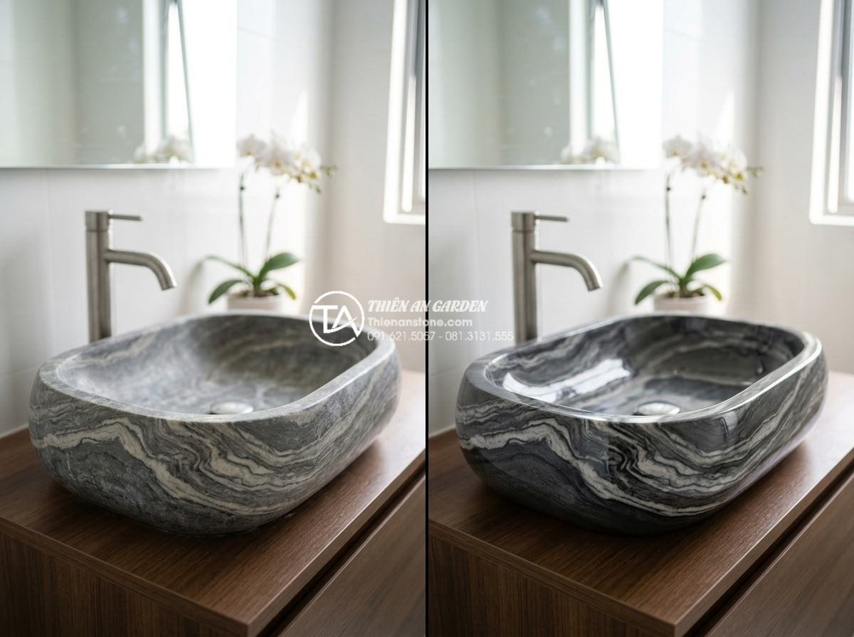 Lavabo Đá Tự Nhiên - Before and after comparison of natural stone lavabo maintenance, showing slightl