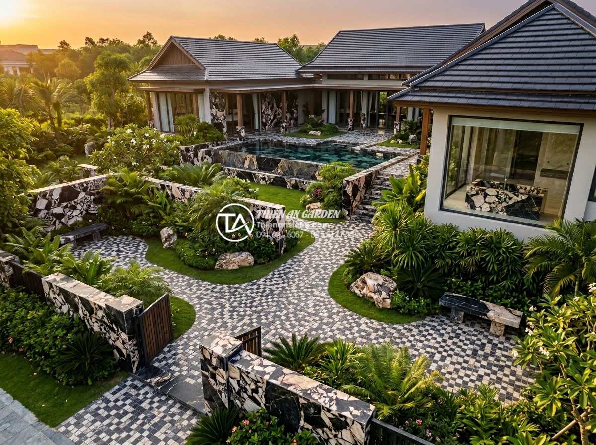 Lavabo Đá Tự Nhiên - Luxury villa aerial view showing design continuity with natural stone materials 