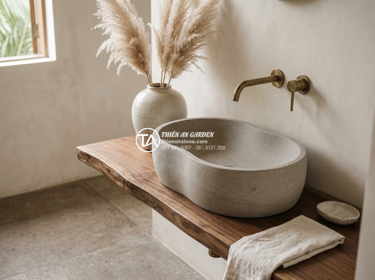 Lavabo Đá Tự Nhiên - Organic minimalist bathroom design trend 2025, freeform natural stone lavabo on 