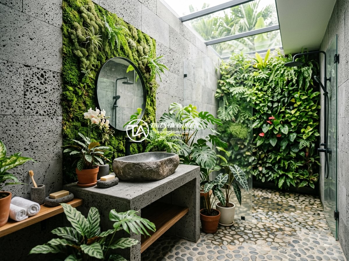 Lavabo Đá Tự Nhiên - Modern biophilic bathroom design with natural stone lavabo surrounded by indoor 
