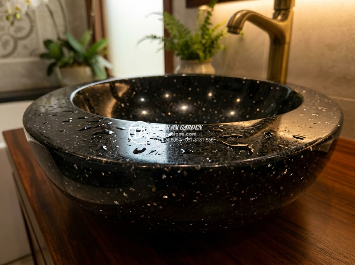 Lavabo Đá Tự Nhiên - Close-up of black granite natural stone lavabo basin with sparkling mineral crys