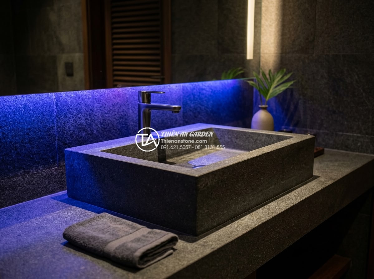 Lavabo Đá Tự Nhiên - Statement onyx lavabo basin with color-changing LED backlight in dark moody bath