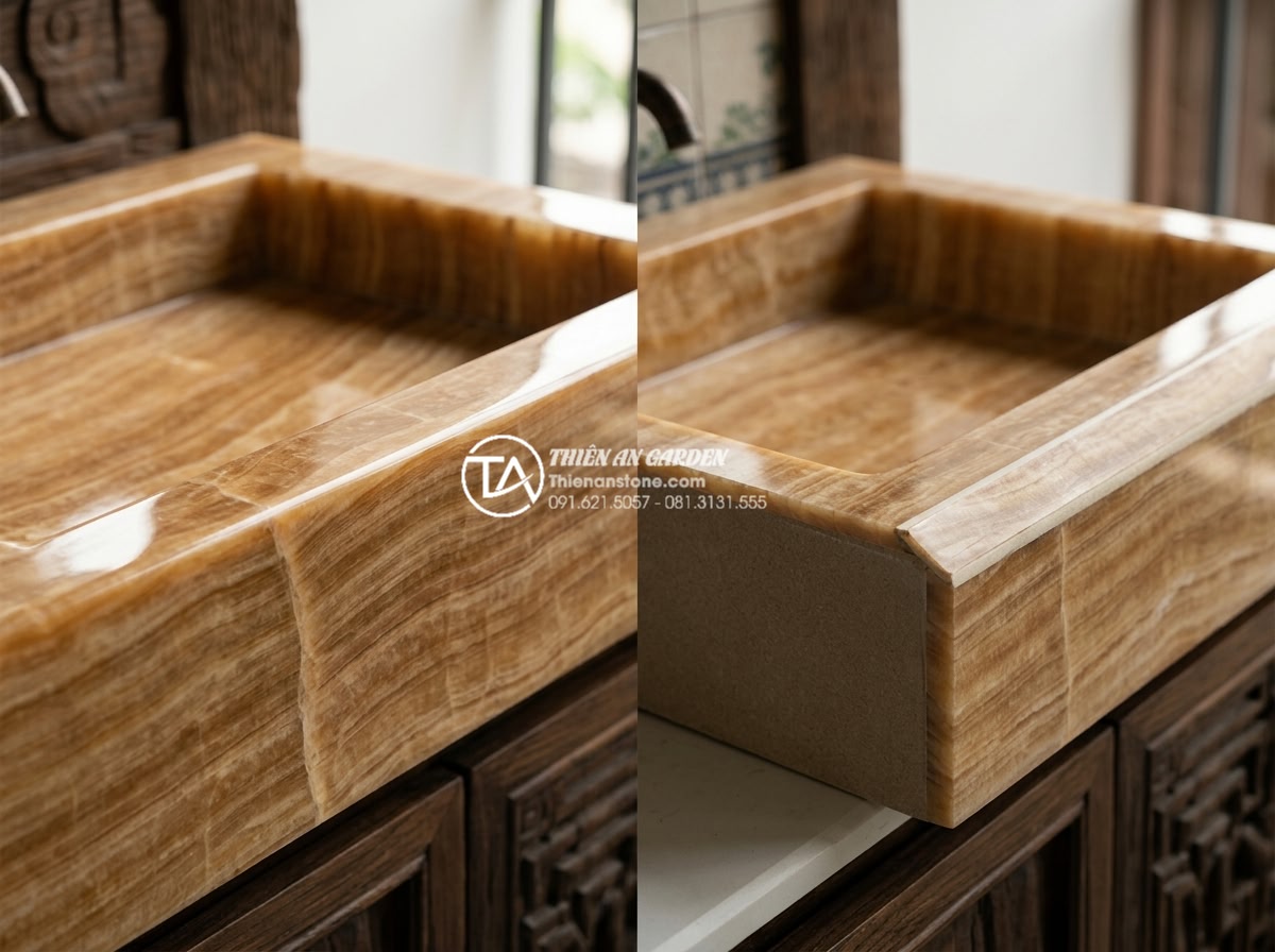 Lavabo Đá Tự Nhiên - Side by side comparison of natural stone lavabo versus engineered stone lavabo, 