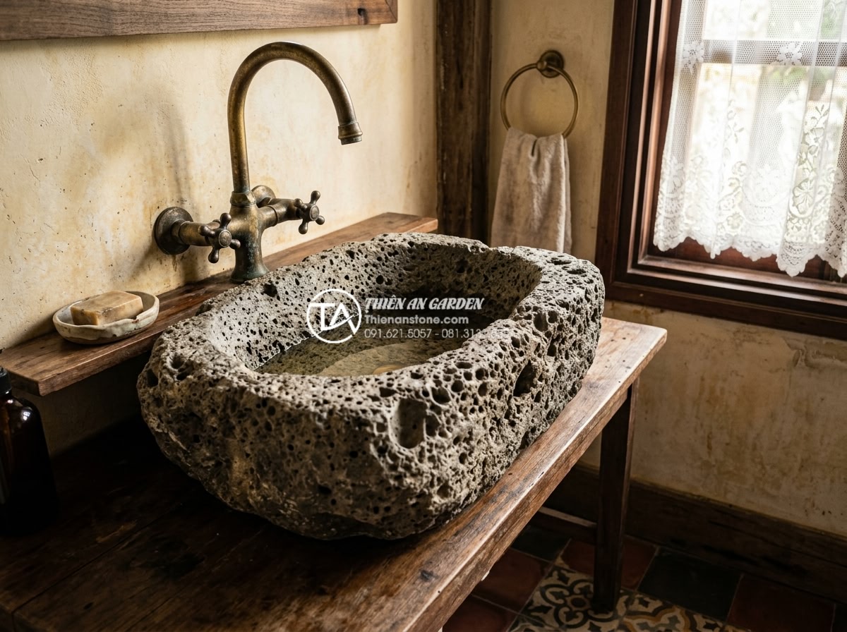 Lavabo Đá Tự Nhiên - Aged natural stone lavabo with beautiful patina in heritage villa bathroom, show