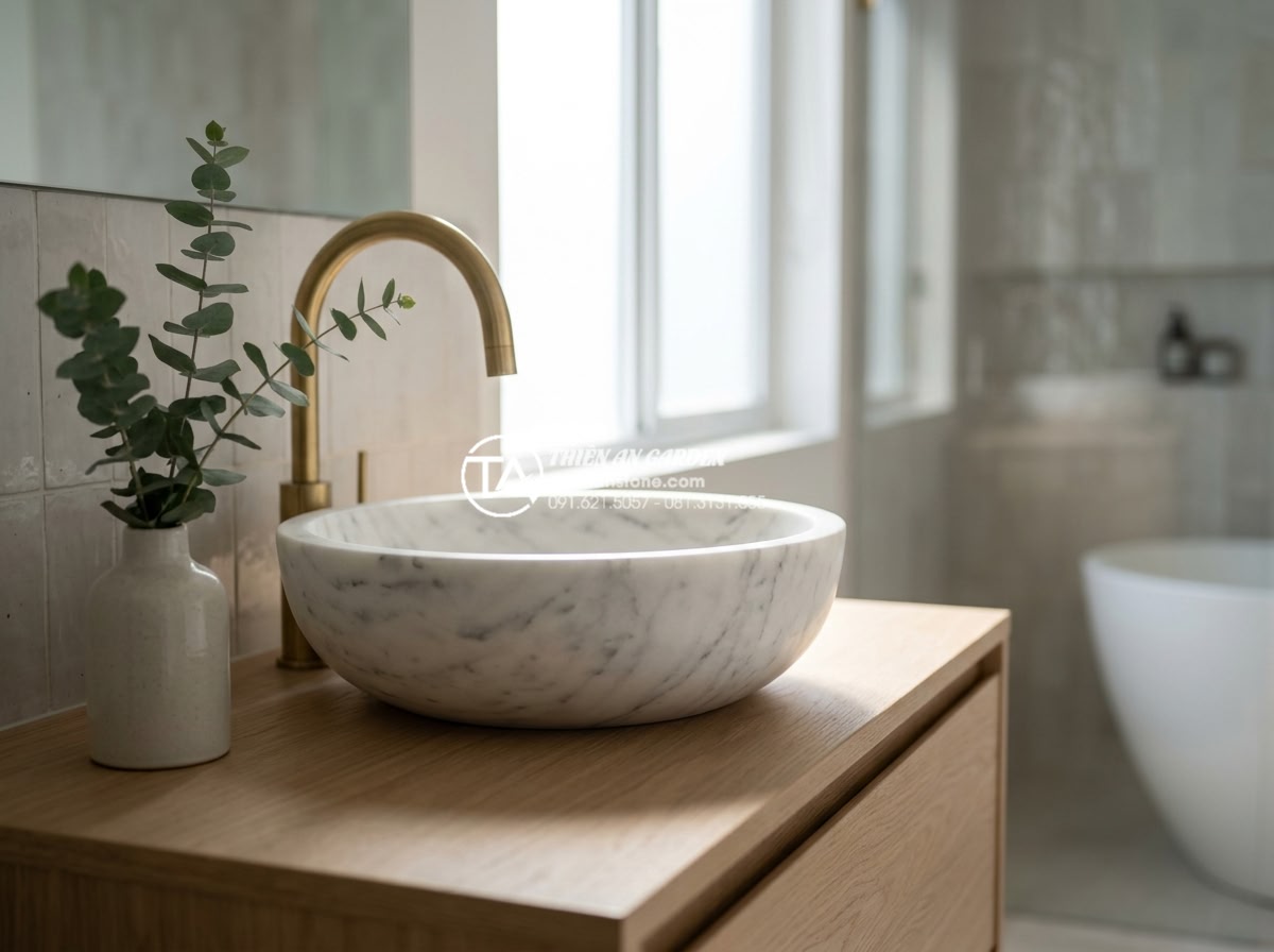 Lavabo Đá Tự Nhiên - White Carrara marble lavabo basin with grey veining on light oak vanity, elegant