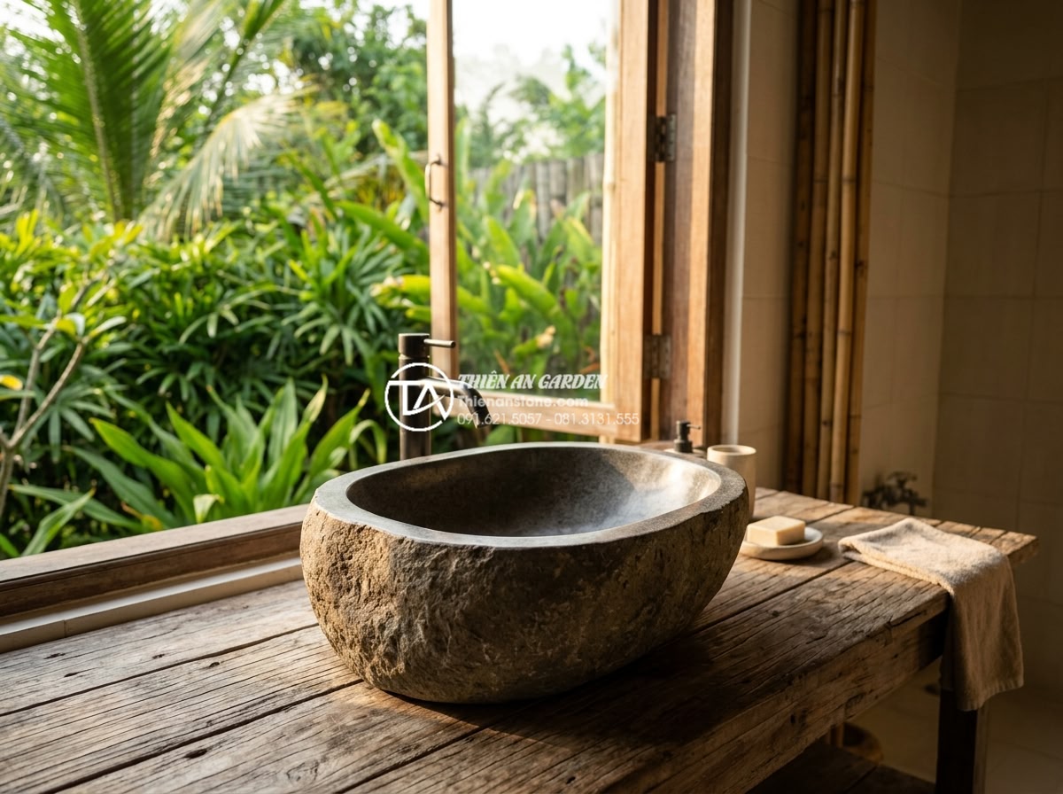 Lavabo Đá Tự Nhiên - River stone natural lavabo basin with rough exterior and polished interior bowl,