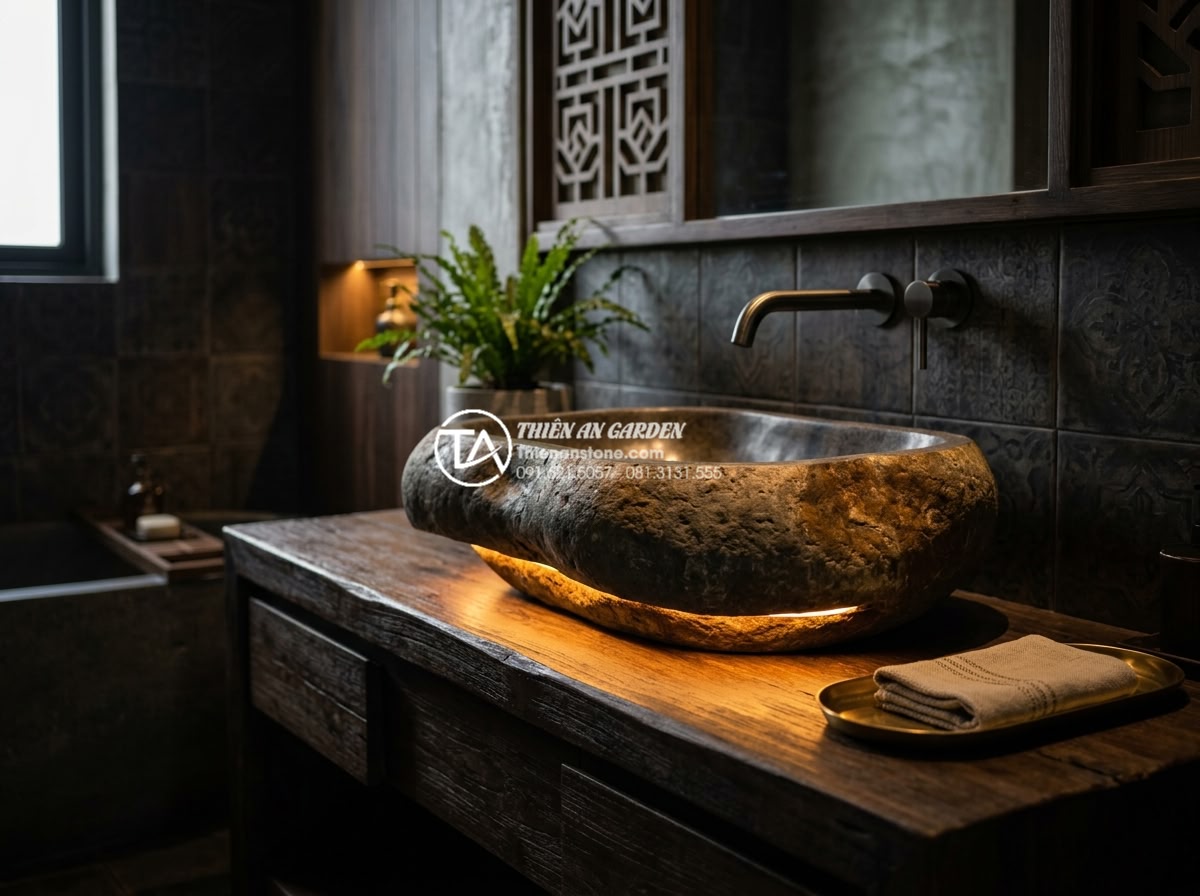 Lavabo Đá Tự Nhiên - Translucent onyx stone lavabo basin with LED backlight glowing warm amber color,