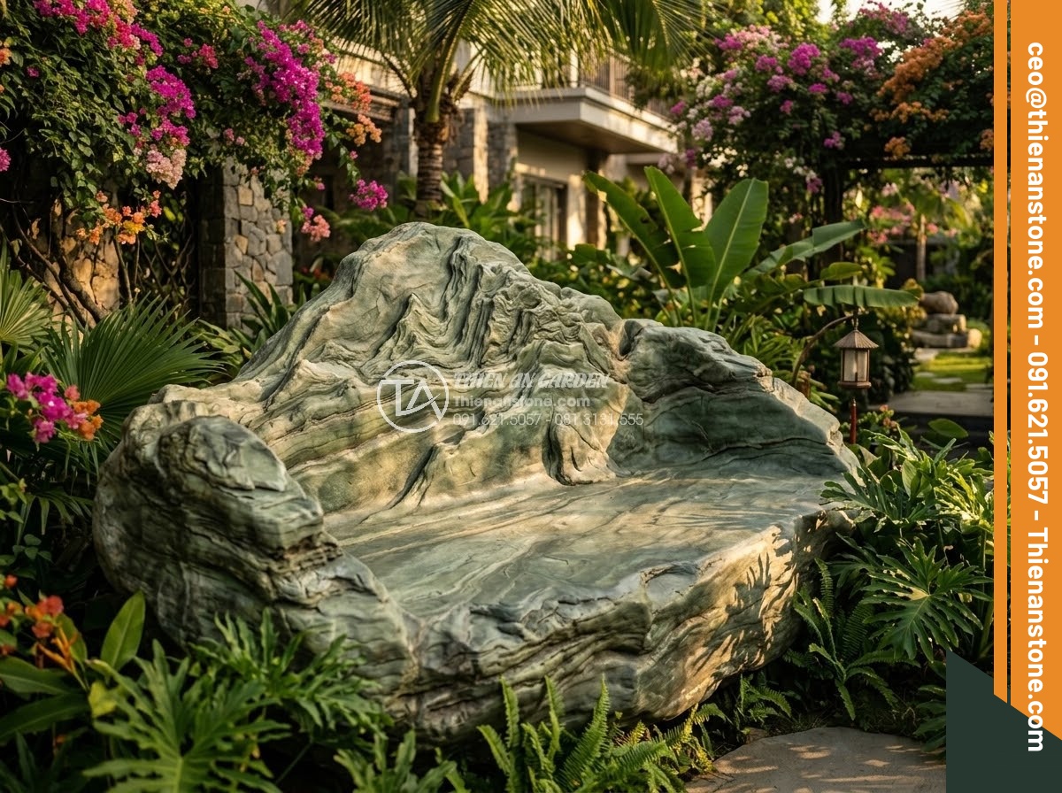 Sập Đá - Hình 1 Sập Đá - Ultra realistic photo of a massive natural stone daybed placed in a luxury Vietn