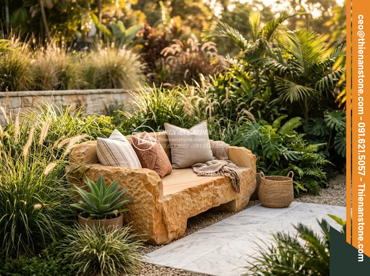 Sập Đá - Hình 10 Sập Đá - Golden desert sandstone daybed in a contemporary tropical garden setting, warm g