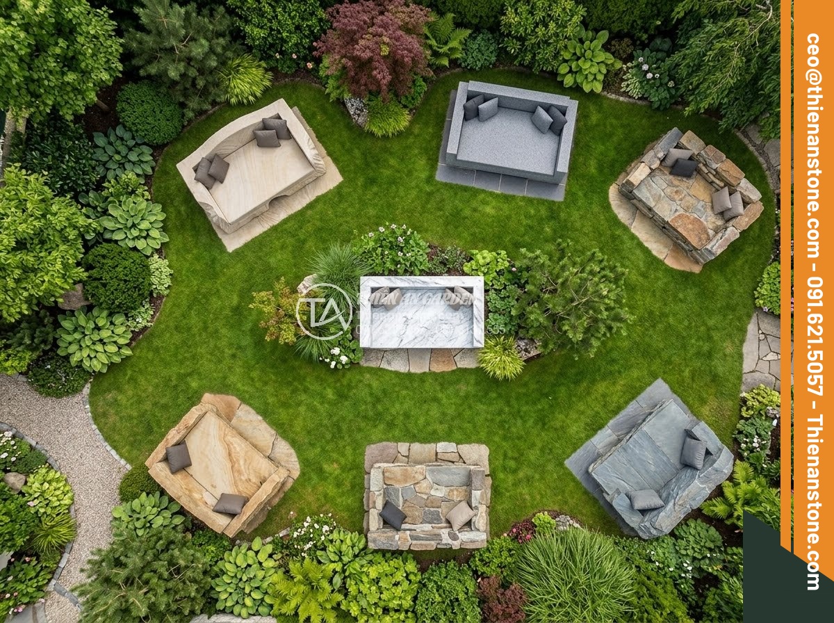 Sập Đá - Hình 11 Sập Đá - Overhead aerial view of various natural stone daybeds arranged in a landscaped g