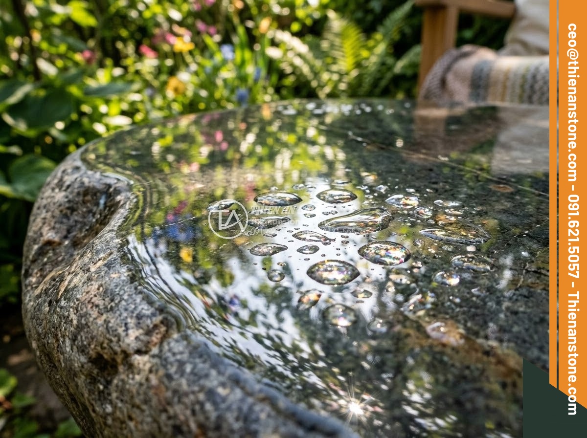 Sập Đá - Hình 12 Sập Đá - Extreme close-up of highly polished natural stone daybed surface, mirror-like re