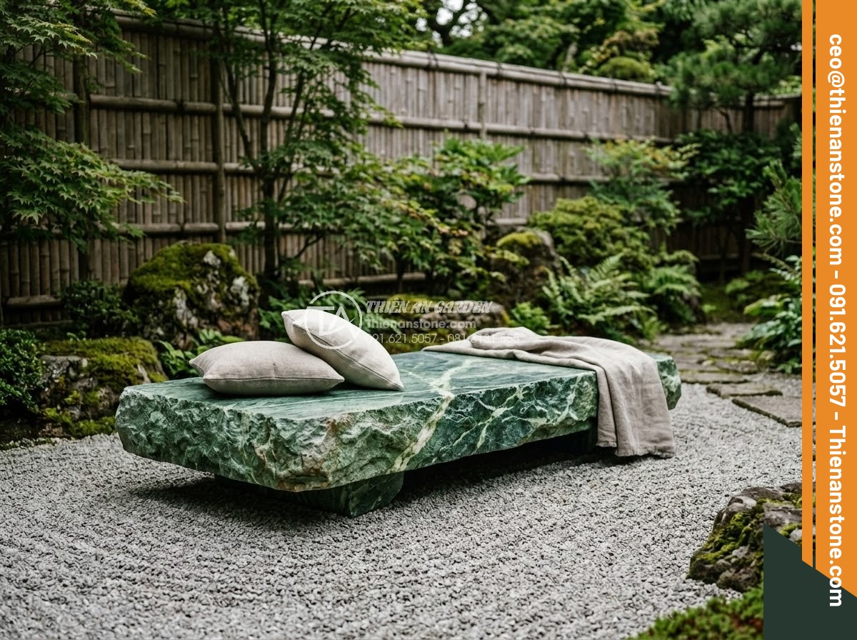 Sập Đá - Hình 13 Sập Đá - Natural stone daybed with flamed textured surface in a Japanese-inspired zen gar